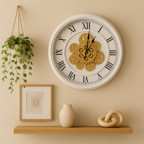 White Marble Wall Clock with Roman Numerals and Golden Moving Gears