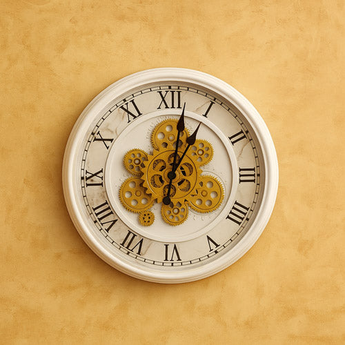 White Marble Wall Clock with Roman Numerals and Golden Moving Gears