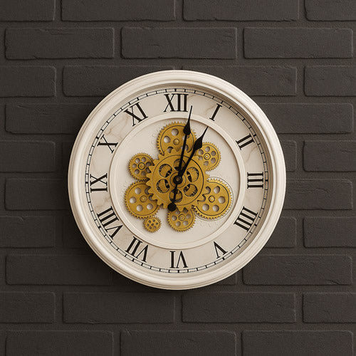 White Marble Wall Clock with Roman Numerals and Golden Moving Gears